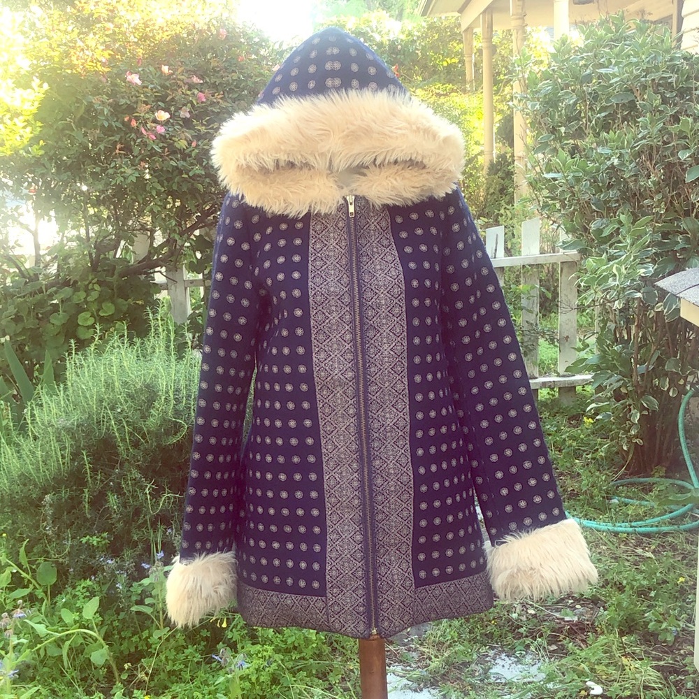 Anthropologie Navy and Cream Patterned Coat